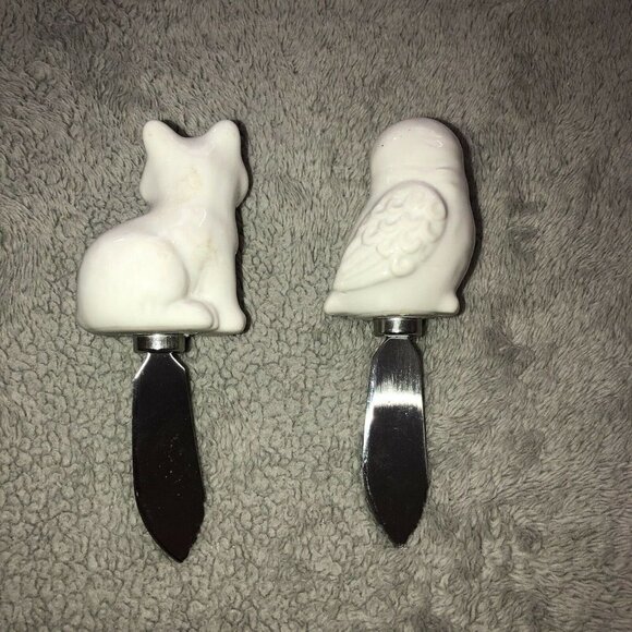 SET OF 2 SPREADERS W Ceramic Fox and Owl Handles Jam Butter Condiments - Picture 3 of 9
